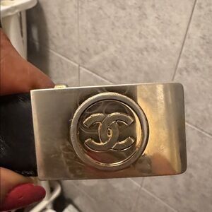 CHANEL Black Belt with Gold Logo Buckle